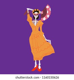 la Catrina. Skeleton character with fan. Dia de los muertos or halloween isolated vector illustration. Element for card, poster, or product for holiday.