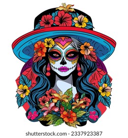 La Catrina is symbol of Day of the Dead with bouquet of flowers vector illustration 