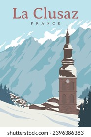 La Clusaz vintage poster travel illustration design, beautiful snowy in la clusaz, france alps