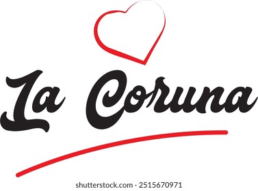 La Coruna city text design with red heart typographic icon design suitable for touristic promotion