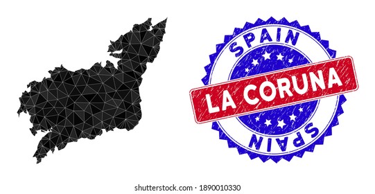 La Coruna Province map polygonal mesh with filled triangles, and scratched bicolor seal. Triangle mosaic La Coruna Province map with mesh vector model, triangles have different sizes, and positions,
