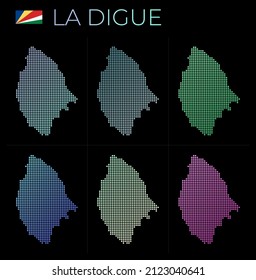 La Digue dotted map set. Map of La Digue in dotted style. Borders of the island filled with beautiful smooth gradient circles. Cool vector illustration.
