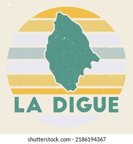 La Digue logo. Sign with the map of the island and colored stripes, vector illustration. Can be used as insignia, logotype, label, sticker or badge of La Digue.