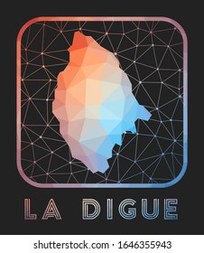 La Digue map design. Vector low poly map of the island. La Digue icon in geometric style. The island shape with polygnal gradient and mesh on dark background.