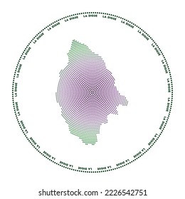 La Digue round logo. Digital style shape of La Digue in dotted circle with island name. Tech icon of the island with gradiented dots. Modern vector illustration.