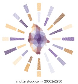 La Digue sunburst. Low poly striped rays and map of the island. Creative vector illustration.
