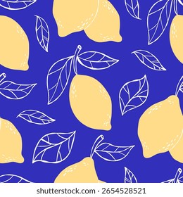 la dolce vita estética. Padrão mediterrânico sem emenda com limões amarelos sobre fundo azul. Vintage Verão mínimo pano de fundo. Citros tropicais frutas caprichosas no estilo de esboço desenhado à mão. Não é IA