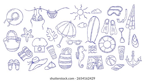 la dolce vita estética. Contorno Mediterrâneo verão praia Doodle ícones coleção. Roupa de praia isolada, feita à mão, acessórios e artigos de lazer náuticos. Ilustração vetorial. Não é IA