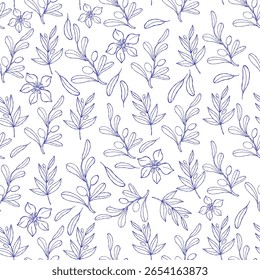 la dolce vita estética. Contornar o padrão mediterrânico sem emenda com plantas azuis, azeitonas e flores sobre fundo branco. Vintage mínimo pano de fundo no estilo de esboço desenhado à mão. Não é IA