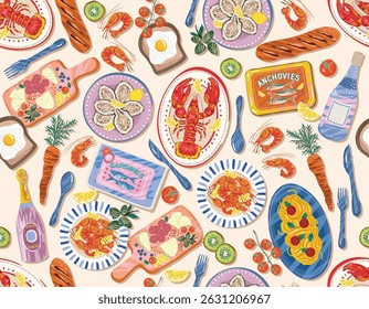 La dolce vita , Alfresco Dining whimsical style Italian French food Seamless pattern Illustration Vector  sketch NOT AI ,  Vacation summer party  ,Design for all kind to prints and Textile