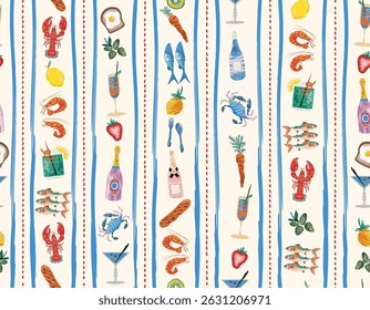 La dolce vita , Alfresco Dining whimsical style Italian food Hand drawn Vertical Striped Seamless pattern Illustration Vector sketch NOT AI ,Design for all kind to prints and Textile