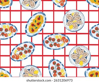 La dolce vita , Alfresco Dining whimsical style Italian French food Seamless pattern Illustration Vector  sketch NOT AI ,  Vacation summer party  ,Design for all kind to prints and Textile