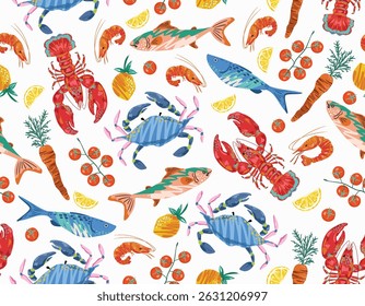 La dolce vita , Alfresco Dining whimsical style Italian Hand drawn Sea Ocean Animal  Seamless pattern Illustration  Vector  sketch NOT AI ,  Vacation Vibes ,Design for all kind to prints and Textile