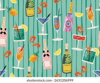 La dolce vita , Alfresco Dining whimsical style Italian food Hand drawn Vertical Striped Seamless pattern Illustration  Vector  sketch NOT AI ,Design for all kind to prints and Textile