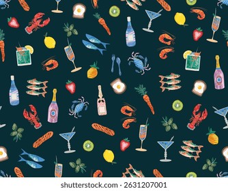 La dolce vita , Alfresco Jantar estilo caprichoso comida francesa italiana Padrão uniforme Ilustração Vetor esboço NÃO AI , Festa de férias de verão, Design para todos os tipos de impressões e Têxtil