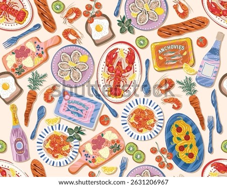 La dolce vita , Alfresco Dining whimsical style Italian French food Seamless pattern Illustration Vector  sketch NOT AI ,  Vacation summer party  ,Design for all kind to prints and Textile