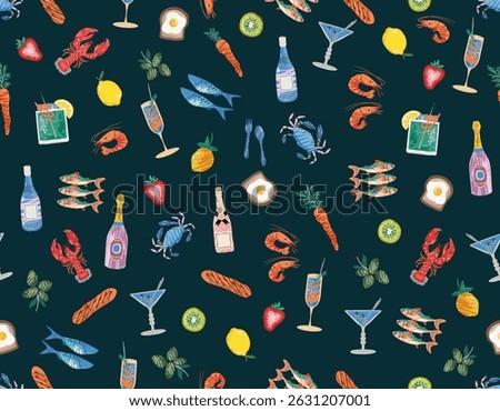 La dolce vita , Alfresco Dining whimsical style Italian French food Seamless pattern Illustration Vector  sketch NOT AI ,  Vacation summer party  ,Design for all kind to prints and Textile
