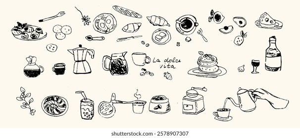 La dolce vita breakfast: coffee and pastries illustration for kitchen decor. Doodle elements for restaurant.