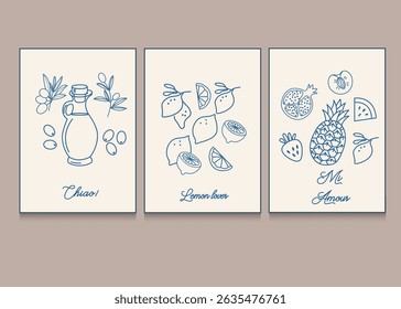 La dolce vita doodles banner or poster set with fruits and olive oil. Vector illustration hand drawn posters. Wall art prints decor. Illustration for invitations and much more	
