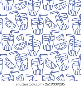 La dolce vita doodles seamless pattern lemonade glasses lemon. Blue on white vector illustration of italian style hand drawn posters. Wall art prints decor, for invitations, menus design.