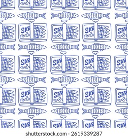 La dolce vita doodles seamless pattern sardines. Blue on white vector illustration of italian style hand drawn posters. Wall art prints decor, for invitations, menus design.