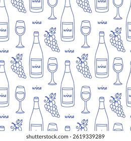 La dolce vita doodles seamless pattern with wine bottle, glasses, grape. Blue on white vector illustration of italian style hand drawn posters. Wall art prints decor, for invitations, menus design.