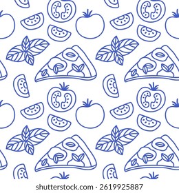 La dolce vita doodles seamless pattern pizza margherita. Blue on white vector illustration of italian style hand drawn posters. Wall art prints decor, for invitations, menus design.