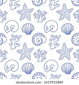 La dolce vita doodles seamless pattern seashell. Blue on white vector illustration of italian style hand drawn posters. Wall art prints decor, for invitations, menus design.
