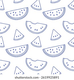 La dolce vita doodles seamless pattern watermelon. Blue on white vector illustration of italian style hand drawn posters. Wall art prints decor, for invitations, menus design.