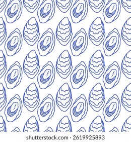 La dolce vita doodles seamless pattern oyster. Blue on white vector illustration of italian style hand drawn posters. Wall art prints decor, for invitations, menus design.
