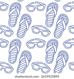 La dolce vita doodles seamless pattern slippers sunglasses. Blue on white vector illustration of italian style hand drawn posters. Wall art prints decor, for invitations, menus design.