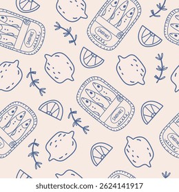 La dolce vita doodles seamless pattern sardines and lemons. Blue on light beige vector illustration of italian style hand drawn posters. Wall art prints decor for invitations, menus design.