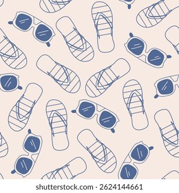 La dolce vita doodles seamless pattern slippers and sunglasses. Blue on light beige vector illustration of italian style hand drawn posters. Wall art prints decor for invitations, menus design. 