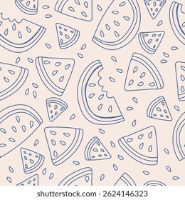 La dolce vita doodles seamless pattern watermelon. Blue on light beige vector illustration of italian style hand drawn posters. Wall art prints decor for invitations, menus design. 