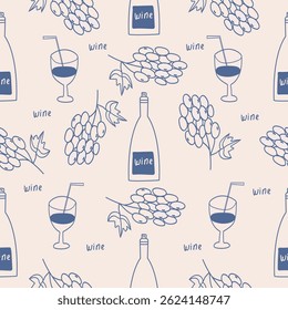La dolce vita doodles seamless pattern with wine bottle, glasses, grape. Blue on light beige vector illustration of italian style hand drawn posters. Wall art prints decor for invitations, menus desig
