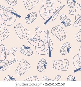 La dolce vita doodles seamless pattern with bread and cheese. Blue on light beige vector illustration of italian style hand drawn posters. Wall art prints decor for invitations, menus design.