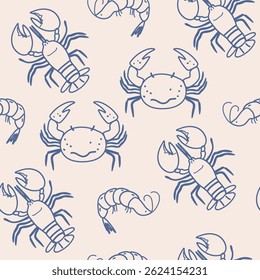 La dolce vita doodles seamless pattern with shrimp, crabs, lobsters. Blue on light beige vector illustration of italian style hand drawn posters. Wall art prints decor for invitations, menus design.