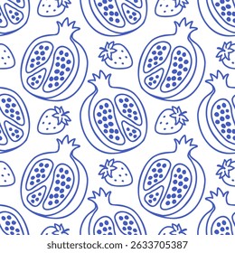 La dolce vita doodles seamless pattern pomegranate, strawberry. Blue on white vector illustration of italian style hand drawn posters. Wall art prints decor, for invitations, menus design.