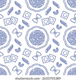La dolce vita doodles seamless pattern pasta. Blue on white vector illustration of italian style hand drawn posters. Wall art prints decor, for invitations, menus design.