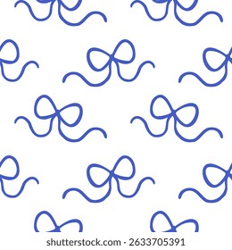 La dolce vita doodles seamless pattern simple bow. Blue on white vector illustration of italian style hand drawn posters. Wall art prints decor, for invitations, menus design.