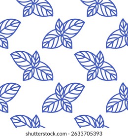 La dolce vita doodles seamless pattern basil leaf. Blue on white vector illustration of italian style hand drawn posters. Wall art prints decor, for invitations, menus design.