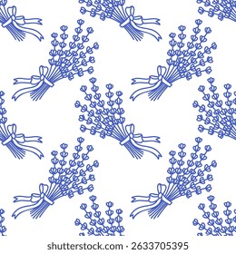 La dolce vita doodles seamless pattern lavender bouquet. Blue on white vector illustration of italian style hand drawn posters. Wall art prints decor, for invitations, menus design.