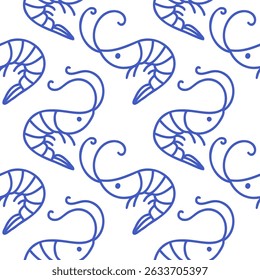 La dolce vita doodles seamless pattern shrimps. Blue on white vector illustration of italian style hand drawn posters. Wall art prints decor, for invitations, menus design.