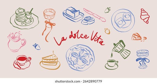 La dolce vita doodles. Whimsical icons of Italian food in simple crayon and sketch style. Trendy art for menus and dinner brunch invitations. Outline vector illustration
