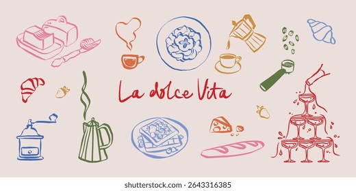La dolce vita doodles. Whimsical icons of Italian food in simple crayon and sketch style. Trendy art for menus and dinner brunch invitations. Vintage vector illustration