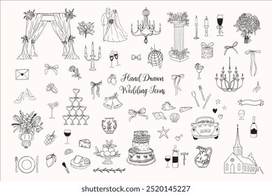 Ícone de casamento de doodle desenhado à mão com elementos decorativos. Esboço estilo vintage minimalista perfeito para convite de casamento, cartões, salvar a data. 