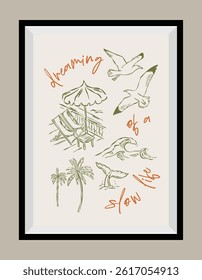 La Dolce Vita illustrations with an aesthetic quote in a poster frame. Sketch style travel doodles.