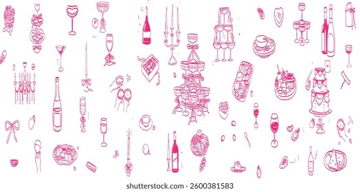 La dolce vita italian sicily style. Hand drawn ink line food and wine or champagne drawings.