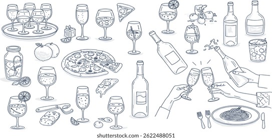 La dolce vita estilo siciliano italiano. Desenhado à mão tinta linha desenhos de comida e vinho ou champanhe.