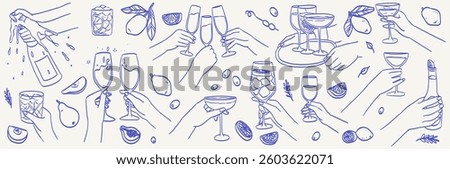 La dolce vita italian sicily Amalfi style. Hand drawn ink line wine, beer, cocktail or champagne drawings. Sketch style bar or party Illustrations for wedding invitations, cafe or restaurant menus.